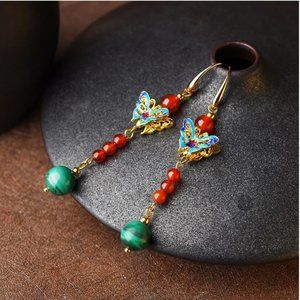 Gold Plated Malachite Agate Butterfly Earrings